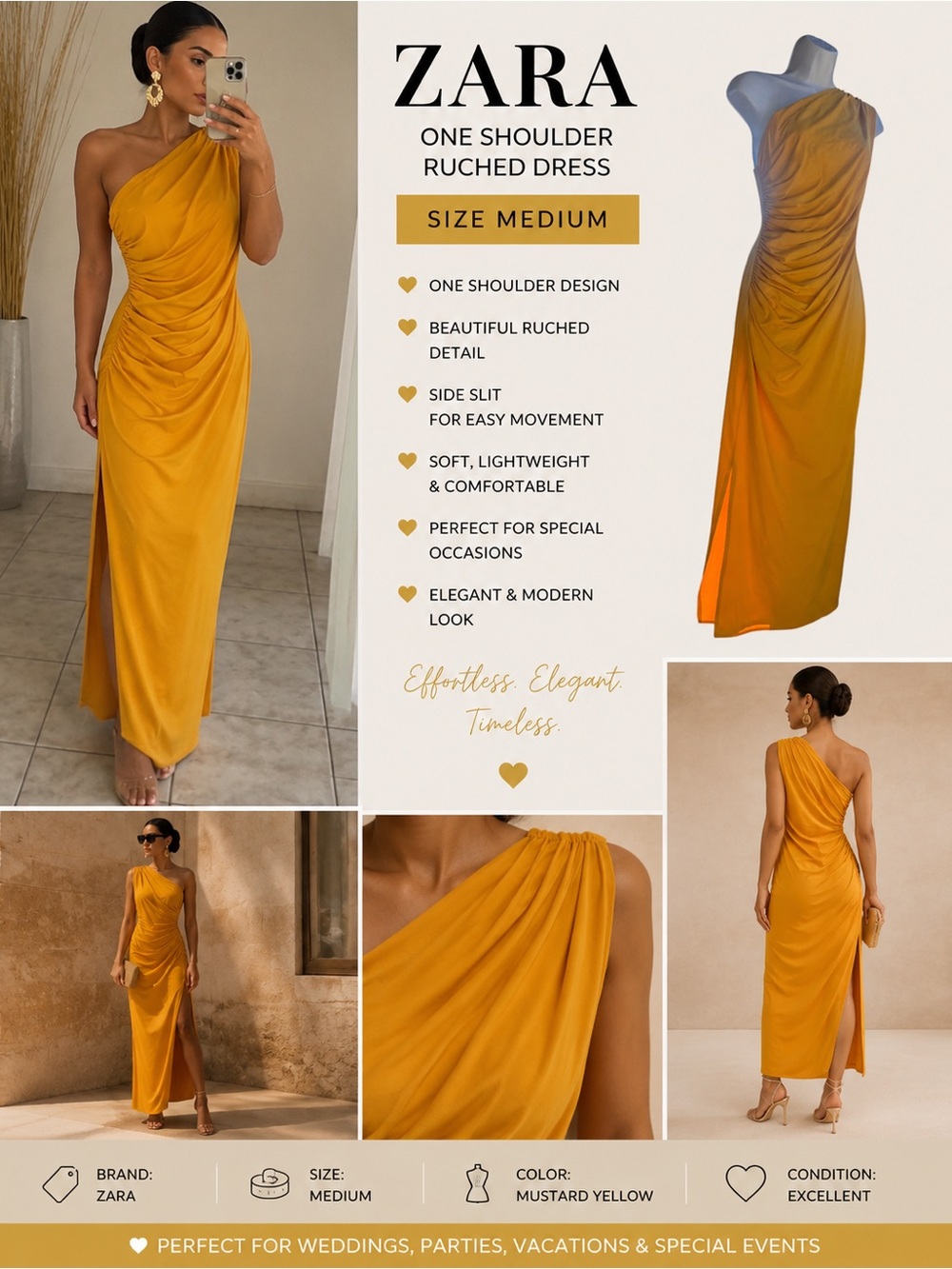 ZARA One-Shoulder Ruched Dress in Mustard Yellow